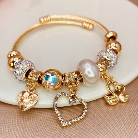 Luzy Jewelry Jewelry - 14K Gold - Stainless Steel- Hearts - Swans Charms Bracelet